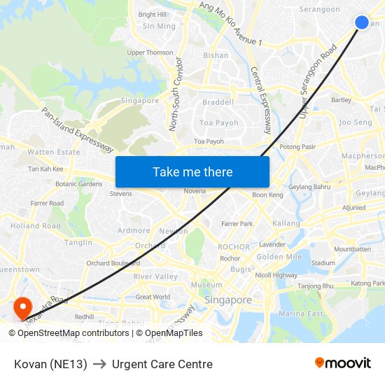 Kovan (NE13) to Urgent Care Centre map