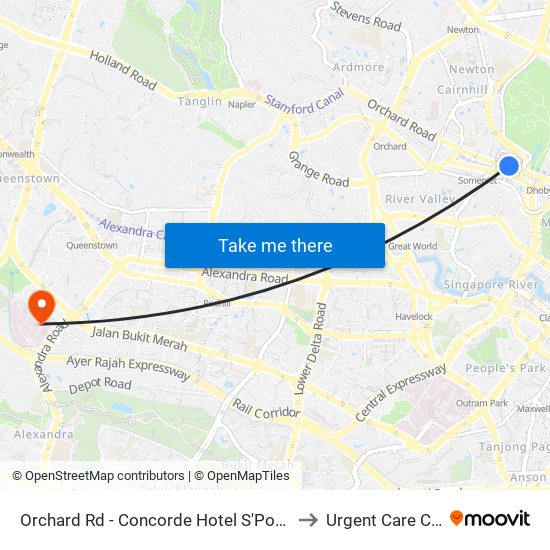 Orchard Rd - Concorde Hotel S'Pore (08138) to Urgent Care Centre map