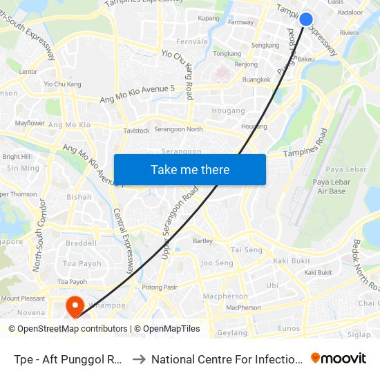 Tpe -  Aft Punggol Rd (65199) to National Centre For Infectious Diseases map