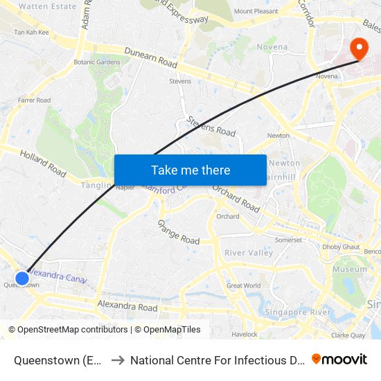 Queenstown (EW19) to National Centre For Infectious Diseases map