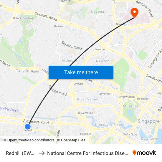 Redhill (EW18) to National Centre For Infectious Diseases map