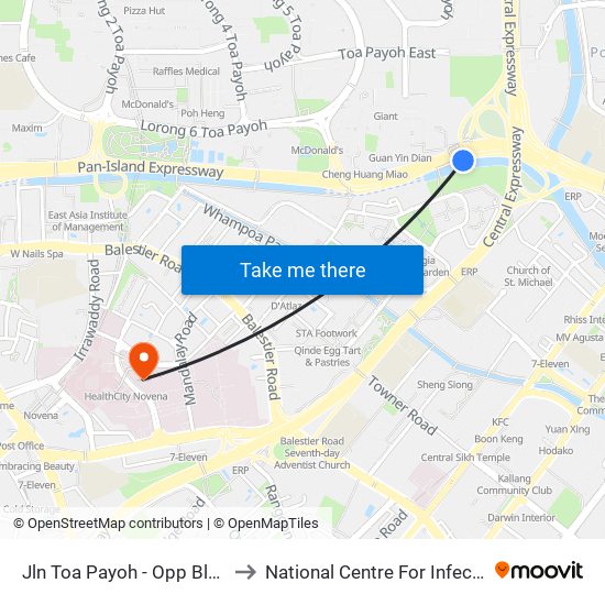 Jln Toa Payoh - Opp Blk 195 (52089) to National Centre For Infectious Diseases map