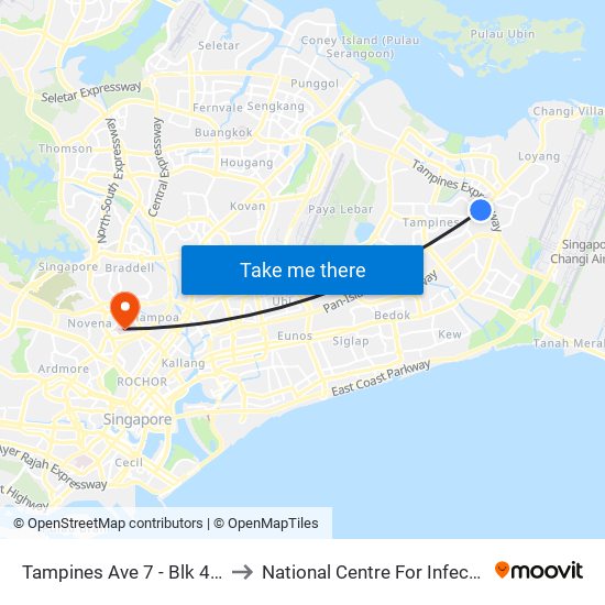 Tampines Ave 7 - Blk 497d (76241) to National Centre For Infectious Diseases map