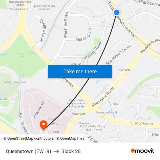 Queenstown (EW19) to Block 28 map