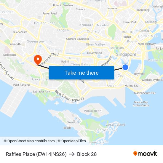 Raffles Place (EW14|NS26) to Block 28 map