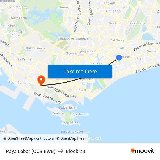 Paya Lebar (CC9|EW8) to Block 28 map
