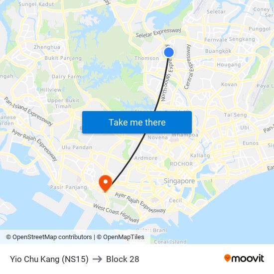 Yio Chu Kang (NS15) to Block 28 map