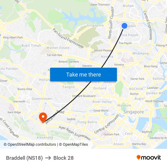 Braddell (NS18) to Block 28 map