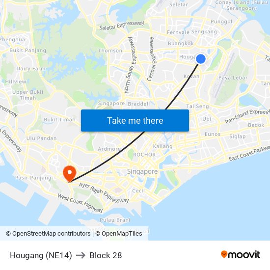 Hougang (NE14) to Block 28 map
