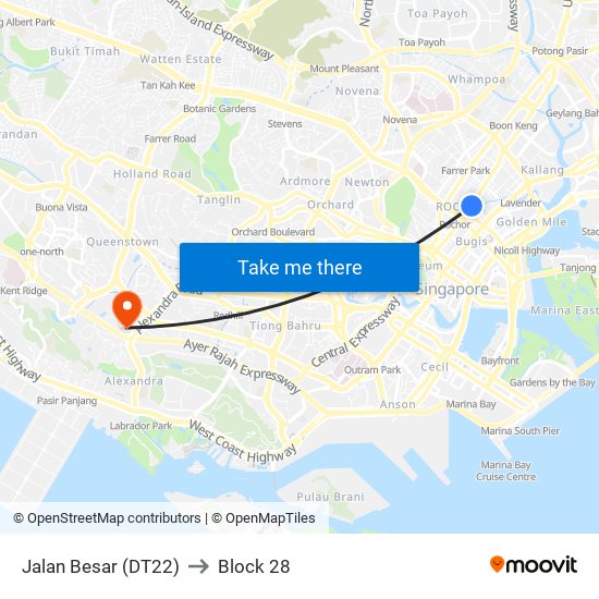 Jalan Besar (DT22) to Block 28 map