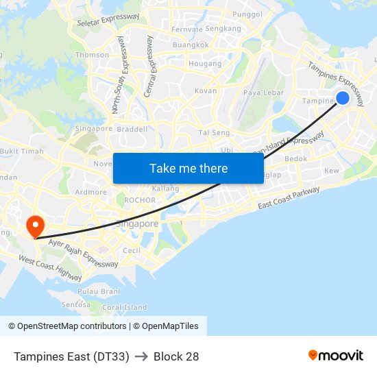 Tampines East (DT33) to Block 28 map