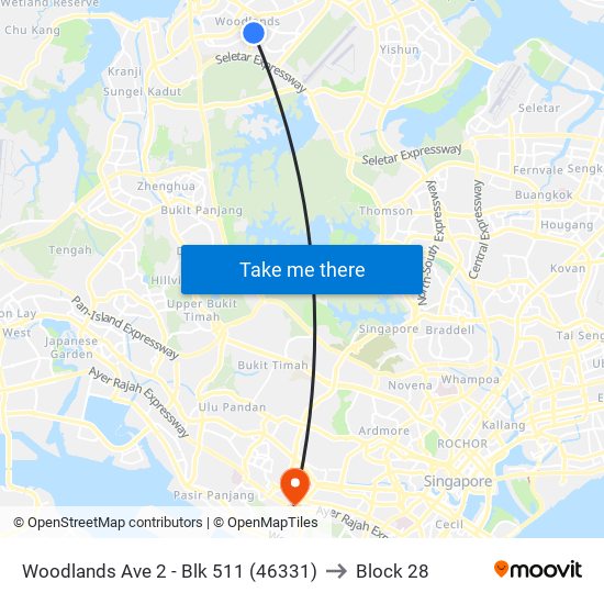 Woodlands Ave 2 - Blk 511 (46331) to Block 28 map