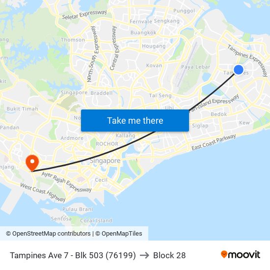 Tampines Ave 7 - Blk 503 (76199) to Block 28 map