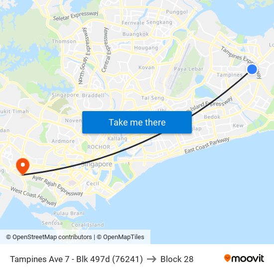 Tampines Ave 7 - Blk 497d (76241) to Block 28 map