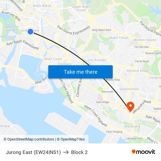 Jurong East (EW24|NS1) to Block 2 map