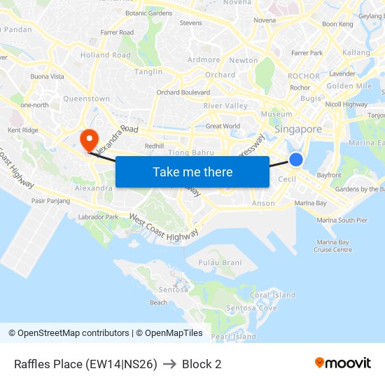 Raffles Place (EW14|NS26) to Block 2 map