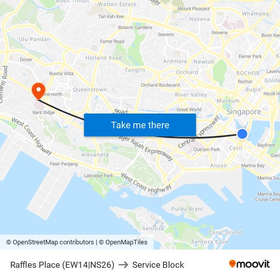 Raffles Place (EW14|NS26) to Service Block map