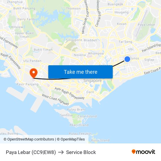 Paya Lebar (CC9|EW8) to Service Block map