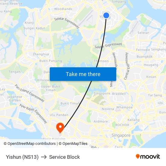 Yishun (NS13) to Service Block map