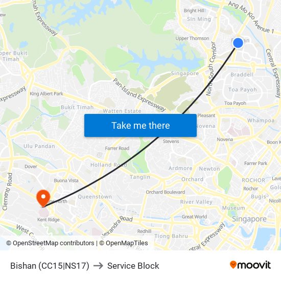 Bishan (CC15|NS17) to Service Block map