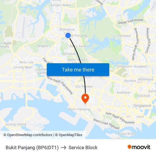 Bukit Panjang (BP6|DT1) to Service Block map