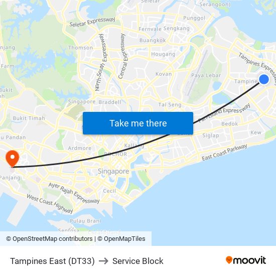 Tampines East (DT33) to Service Block map