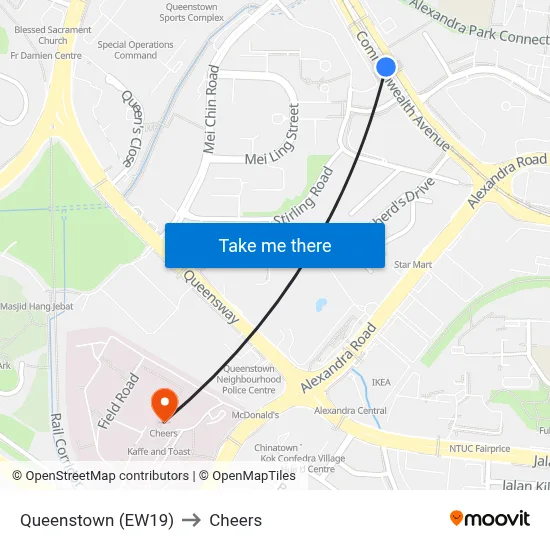 Queenstown (EW19) to Cheers map