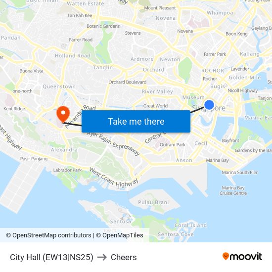 City Hall (EW13|NS25) to Cheers map