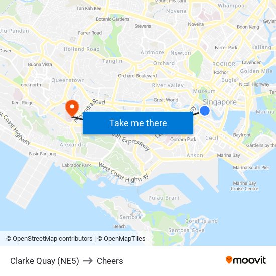 Clarke Quay (NE5) to Cheers map