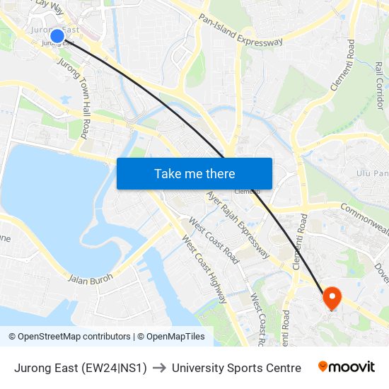 Jurong East (EW24|NS1) to University Sports Centre map