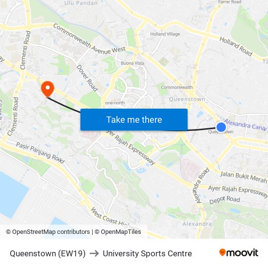 Queenstown (EW19) to University Sports Centre map