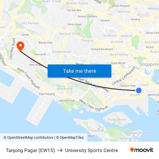 Tanjong Pagar (EW15) to University Sports Centre map