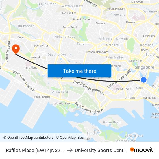 Raffles Place (EW14|NS26) to University Sports Centre map