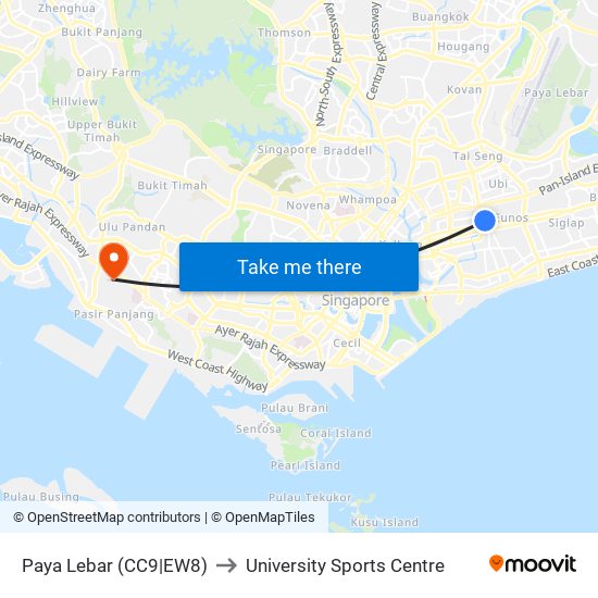 Paya Lebar (CC9|EW8) to University Sports Centre map