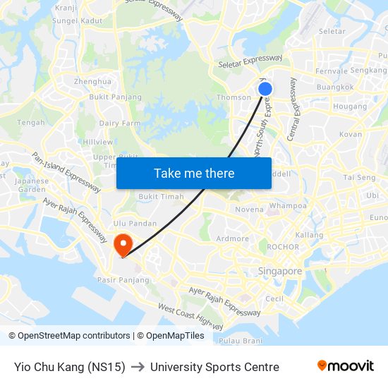 Yio Chu Kang (NS15) to University Sports Centre map