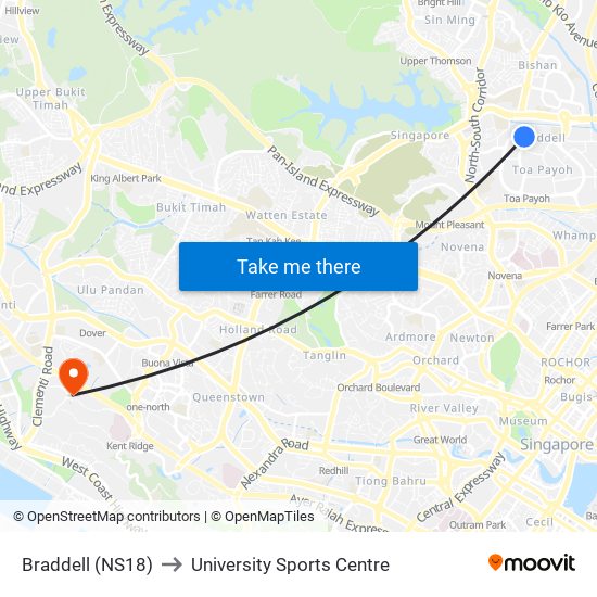 Braddell (NS18) to University Sports Centre map