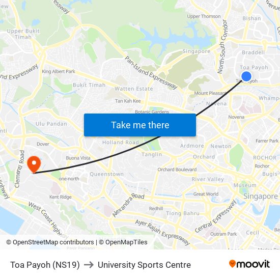 Toa Payoh (NS19) to University Sports Centre map