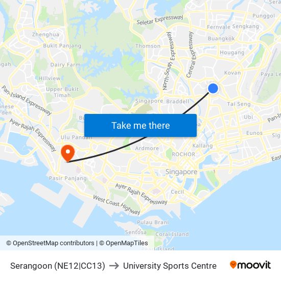 Serangoon (NE12|CC13) to University Sports Centre map