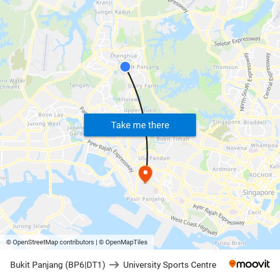 Bukit Panjang (BP6|DT1) to University Sports Centre map