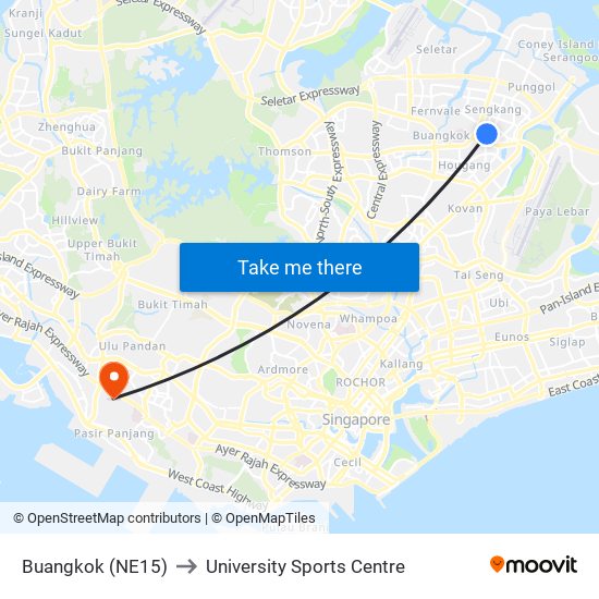 Buangkok (NE15) to University Sports Centre map