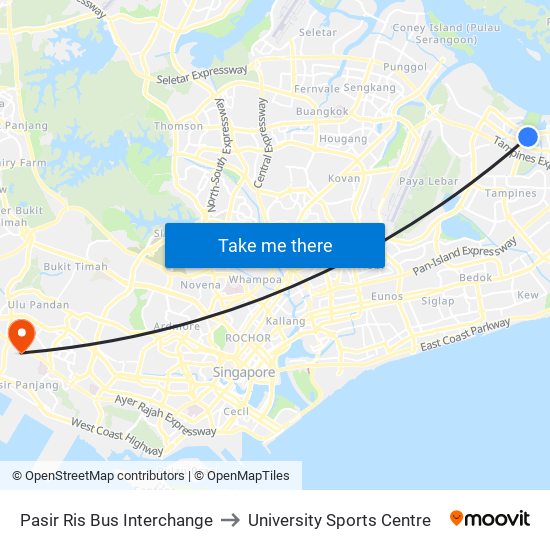 Pasir Ris Bus Interchange to University Sports Centre map