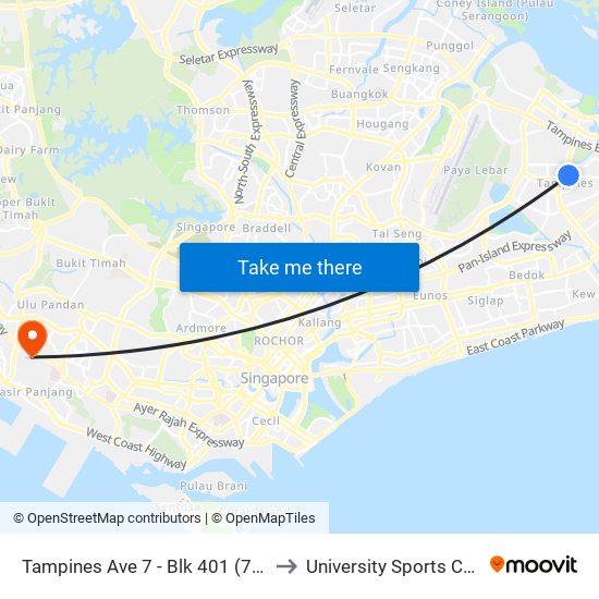 Tampines Ave 7 - Blk 401 (76191) to University Sports Centre map