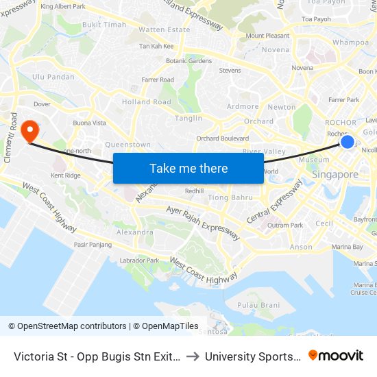Victoria St - Opp Bugis Stn Exit C (01112) to University Sports Centre map