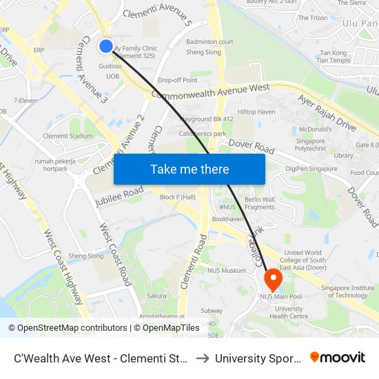 C'Wealth Ave West - Clementi Stn Exit A (17171) to University Sports Centre map