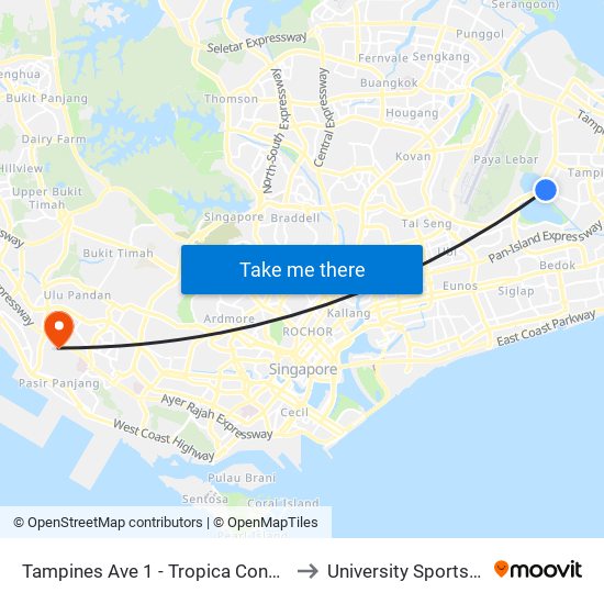 Tampines Ave 1 - Tropica Condo (75259) to University Sports Centre map