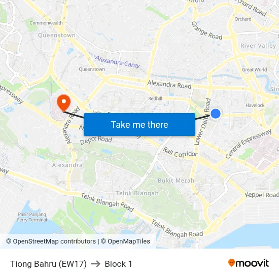 Tiong Bahru (EW17) to Block 1 map