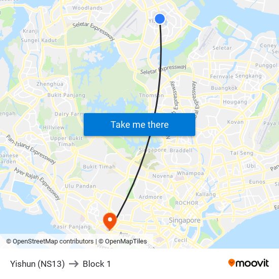 Yishun (NS13) to Block 1 map