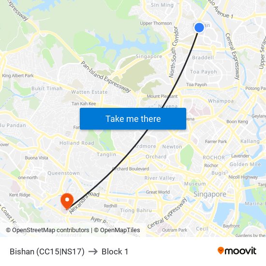 Bishan (CC15|NS17) to Block 1 map