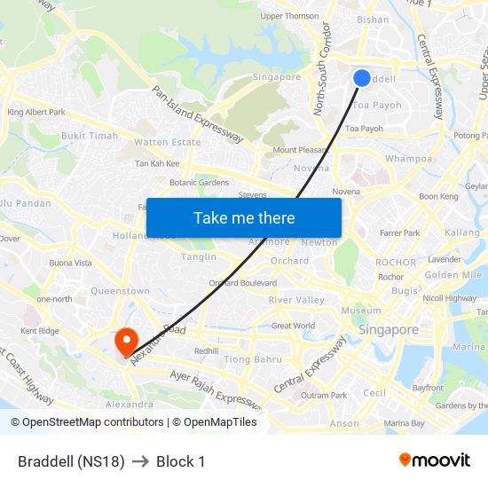 Braddell (NS18) to Block 1 map