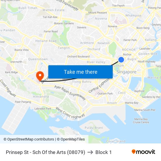 Prinsep St - Sch Of the Arts (08079) to Block 1 map